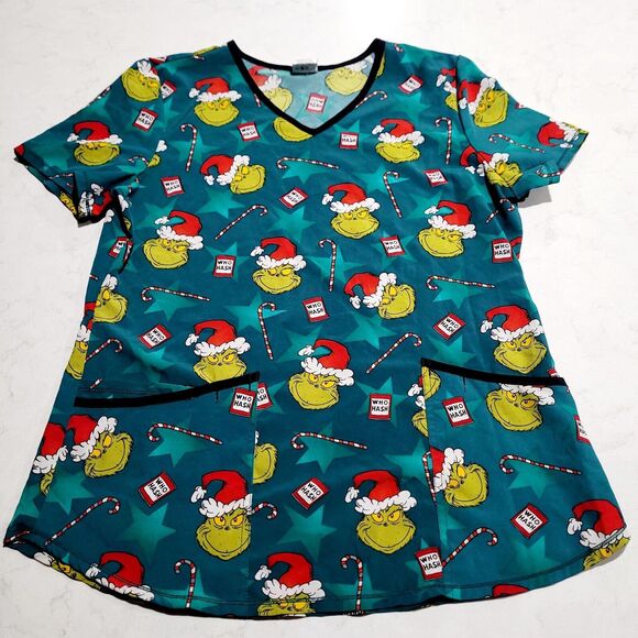 Dr. Seuss The Grinch Nurse Scrubs Shirt Top Christmas Size Medium Who Hash NWOT - Picture 2 of 7